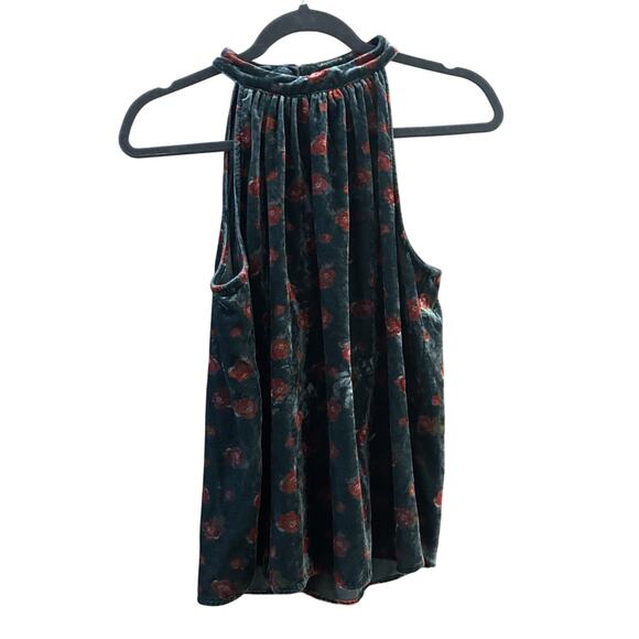 LOFT Green Velvet Red Rose Shirted Halter Top Sz M High Neck Christmas Party - Picture 2 of 7